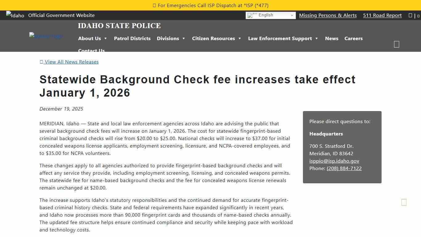 Statewide Background Check fee increases take effect January 1, 2026 Idaho State Police