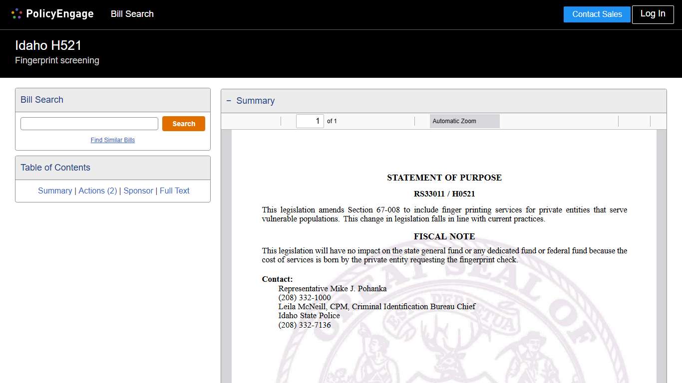H521 Idaho 2026 Fingerprint screening - Legislative Tracking PolicyEngage